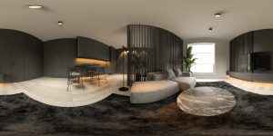 360 Real Estate virtual tour, 360 panorama black minimalist Interior of modern living room 3 D rendering