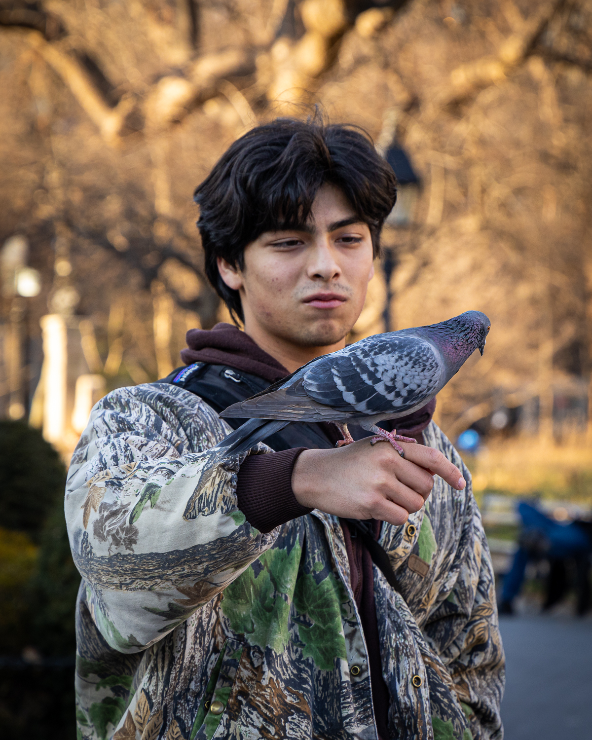 man with pigeon on his hand in Washington Square Park New York City Street Photography Canon R6MarkII